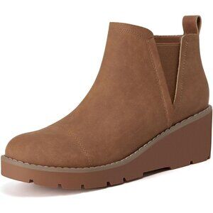 Women's Brown Wedge Chelsea Boots Lug Sole Platform Ankle Booties Zipper
